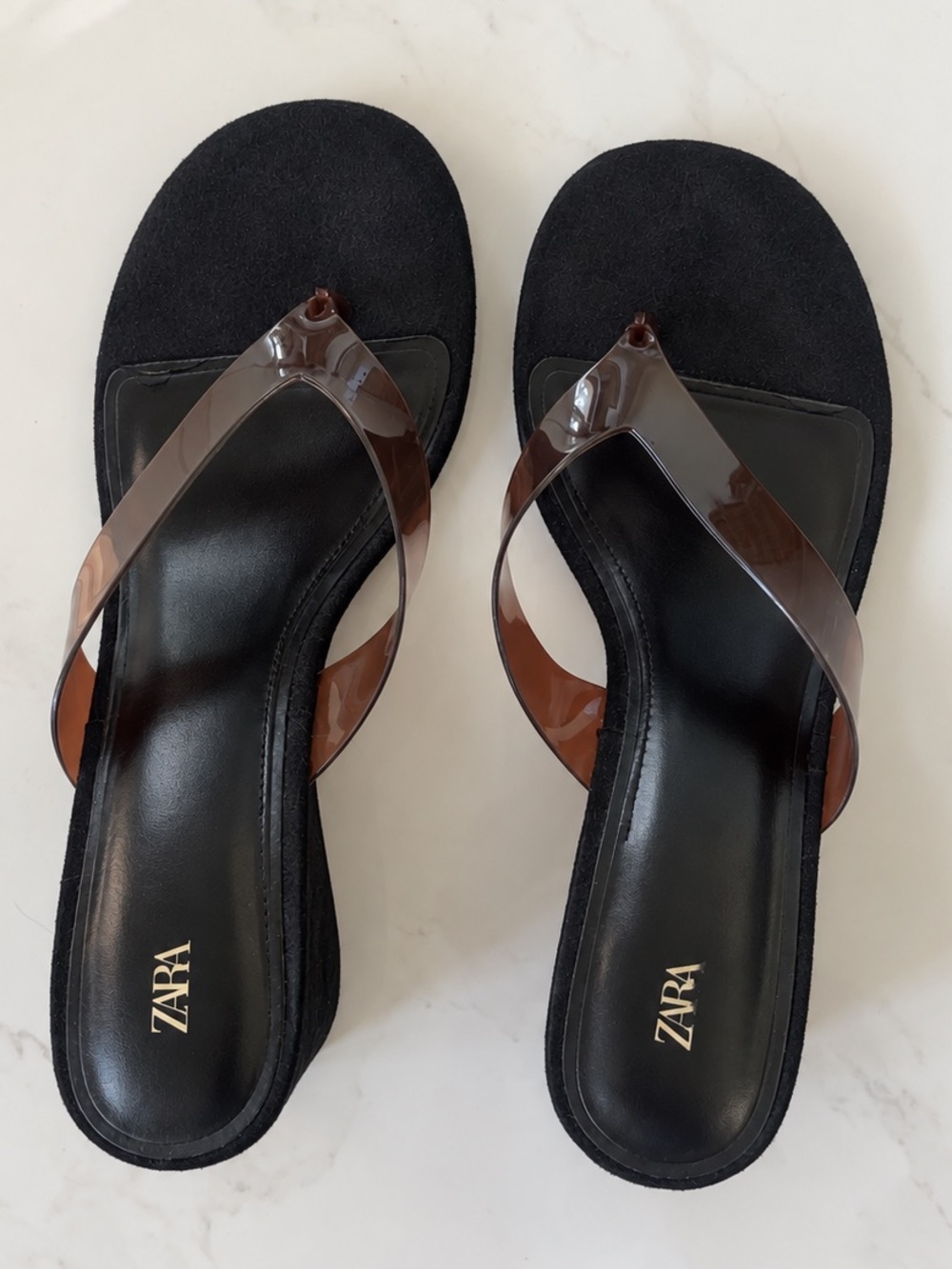 Zara Black Wedge Sandals with Brown Transparent Strap